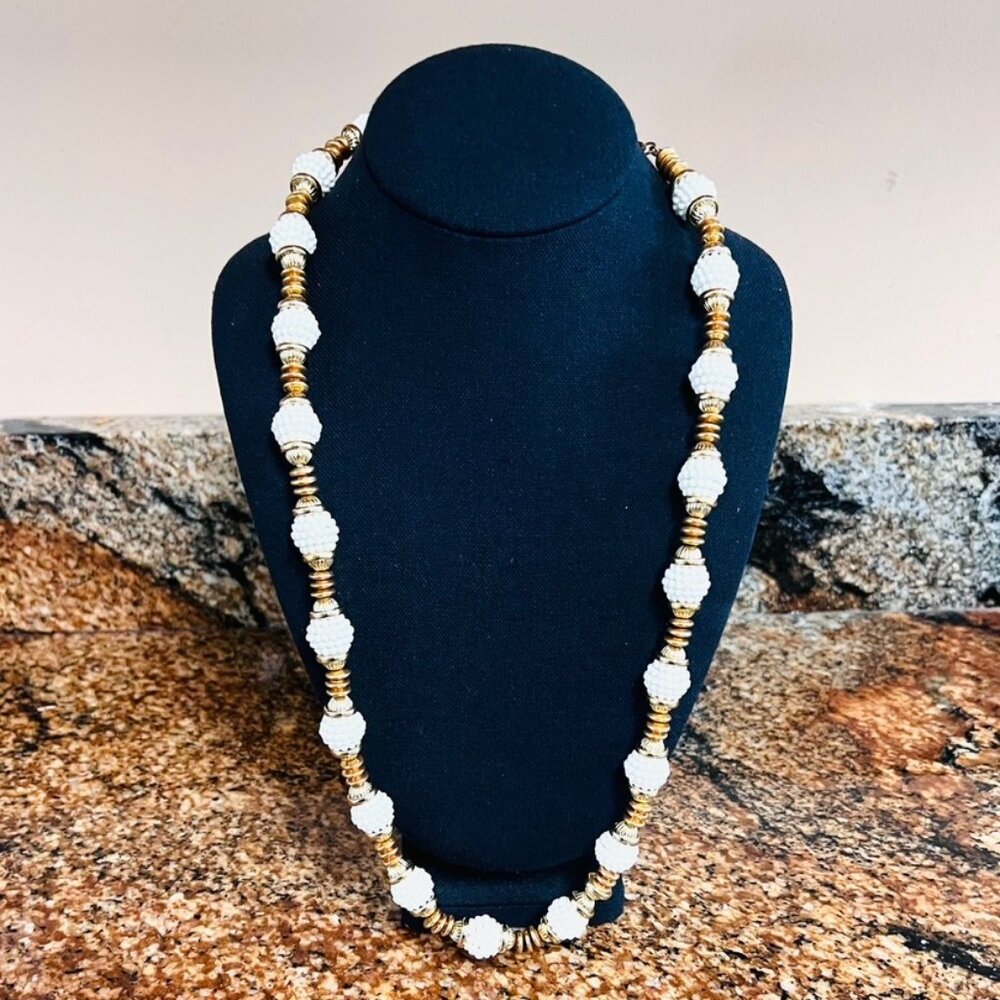 Miriam Haskell Goldtone Metal plastic white rasberry bead necklace